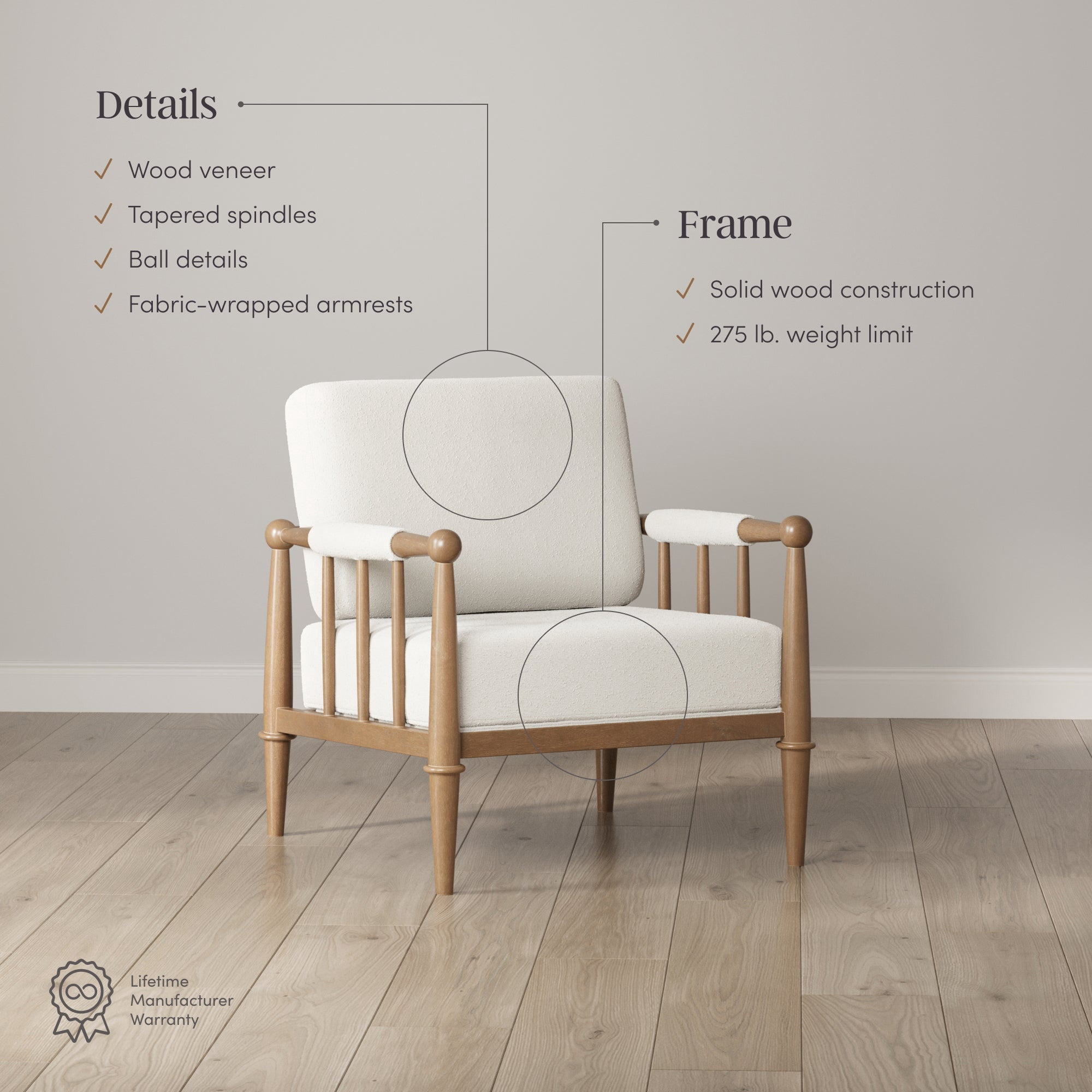 Nathan James Spencer Boucle Accent Chair, Bohemian Armchair with Solid Wood Frame and Upholstered Foam Cushion, Cream/Light Brown