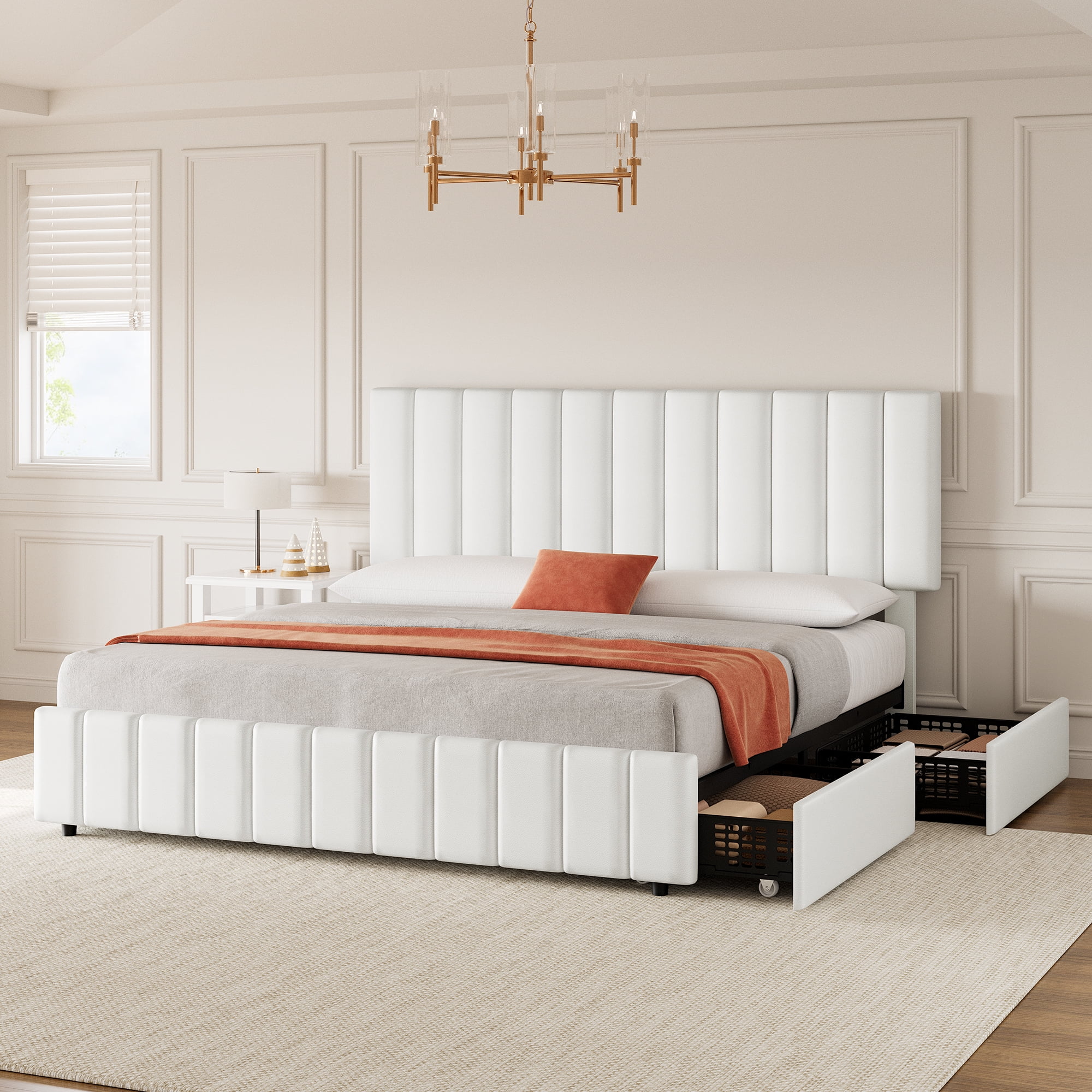 Hetoy Queen Size Bed Frame with 4 Storage Drawers and Adjustable Headboard, Linen Upholstered Platform Bed Frame with Wooden Slats Support, No Box Spring Needed, White