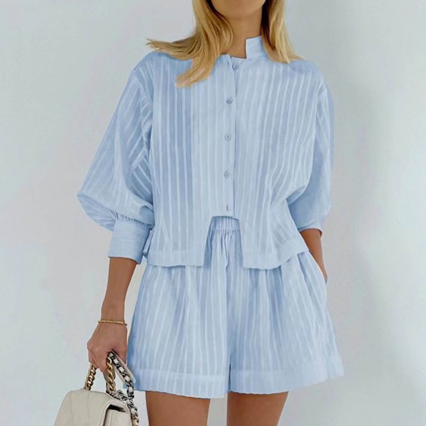 Ichuanyi Liquidación de algodón para mujeres Botón de manga larga BLUSIA + pantalones pantalones cortos con bolsillo ICHUANYI WER2023082211035
