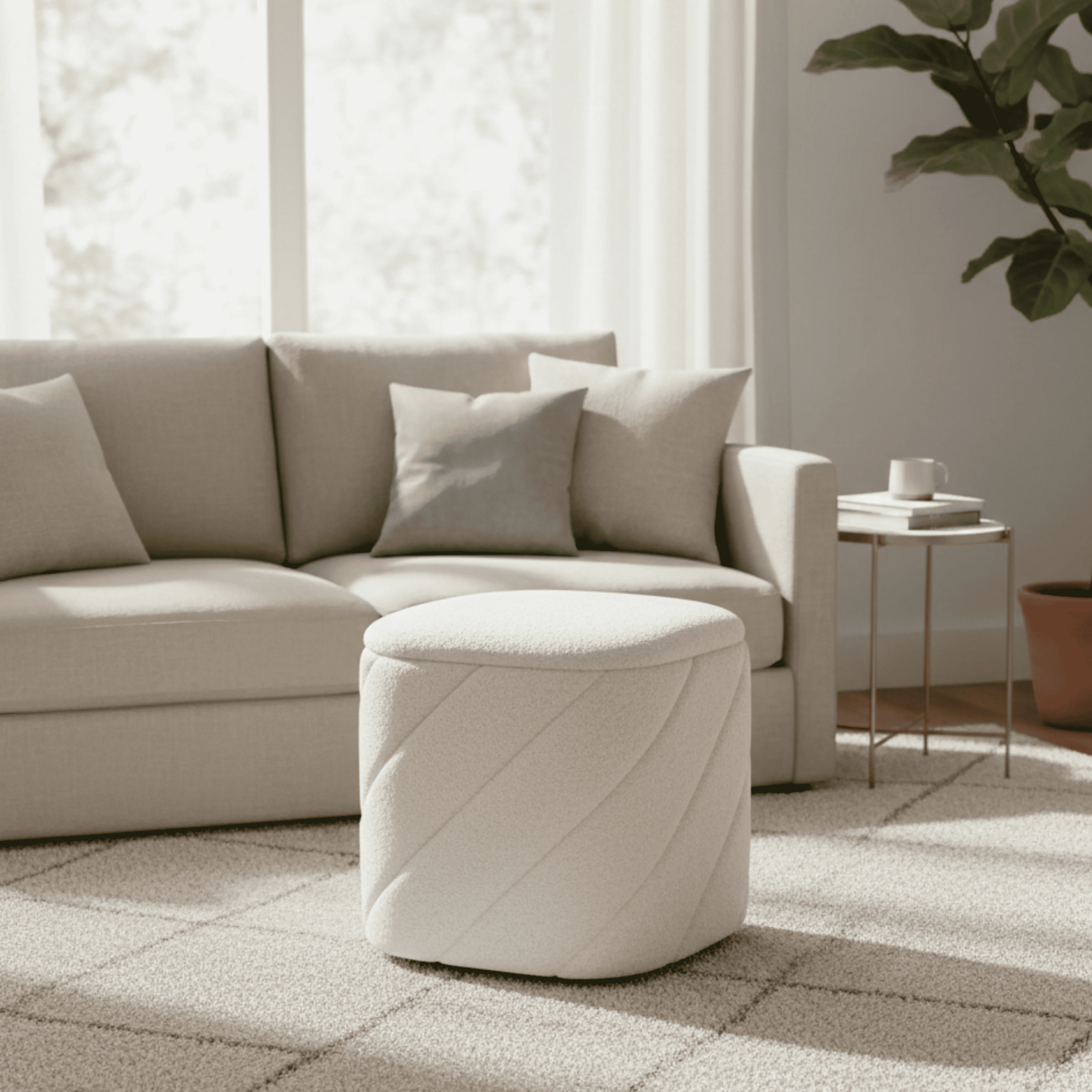Aria Home Diagonal Tufted Cube Ottoman with Storage, Upholstered Footrest 15" Stool, Ivory