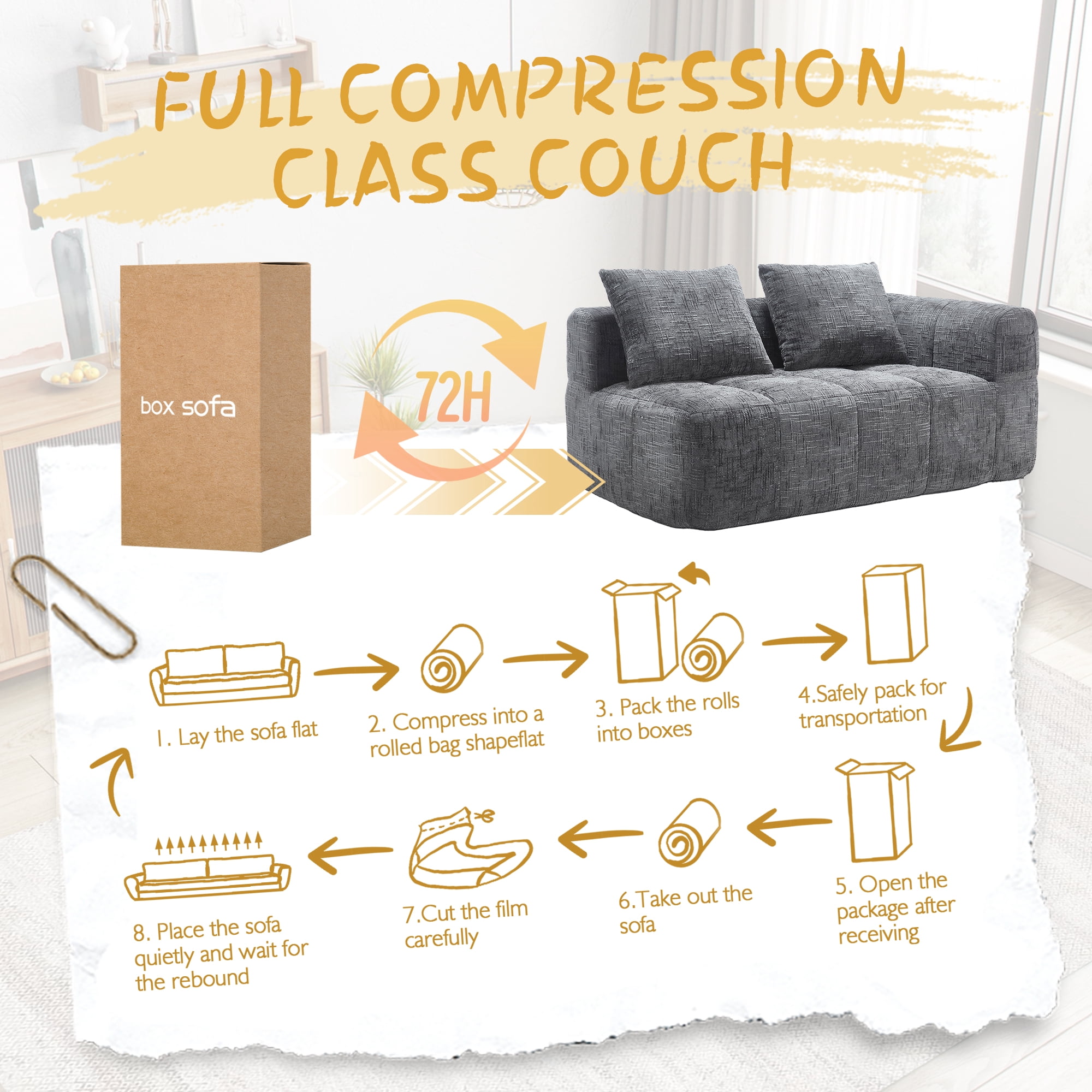 MOONMISS Chenille Upholstered Modern 2-Seater Lazy Compression Sofa with Small Side Pocket-Gray