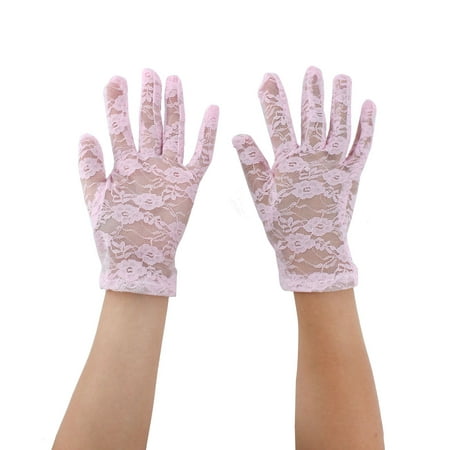 Ladies Driving Cycling Lace Full Finger Mittens Sun Resistant Gloves Pink