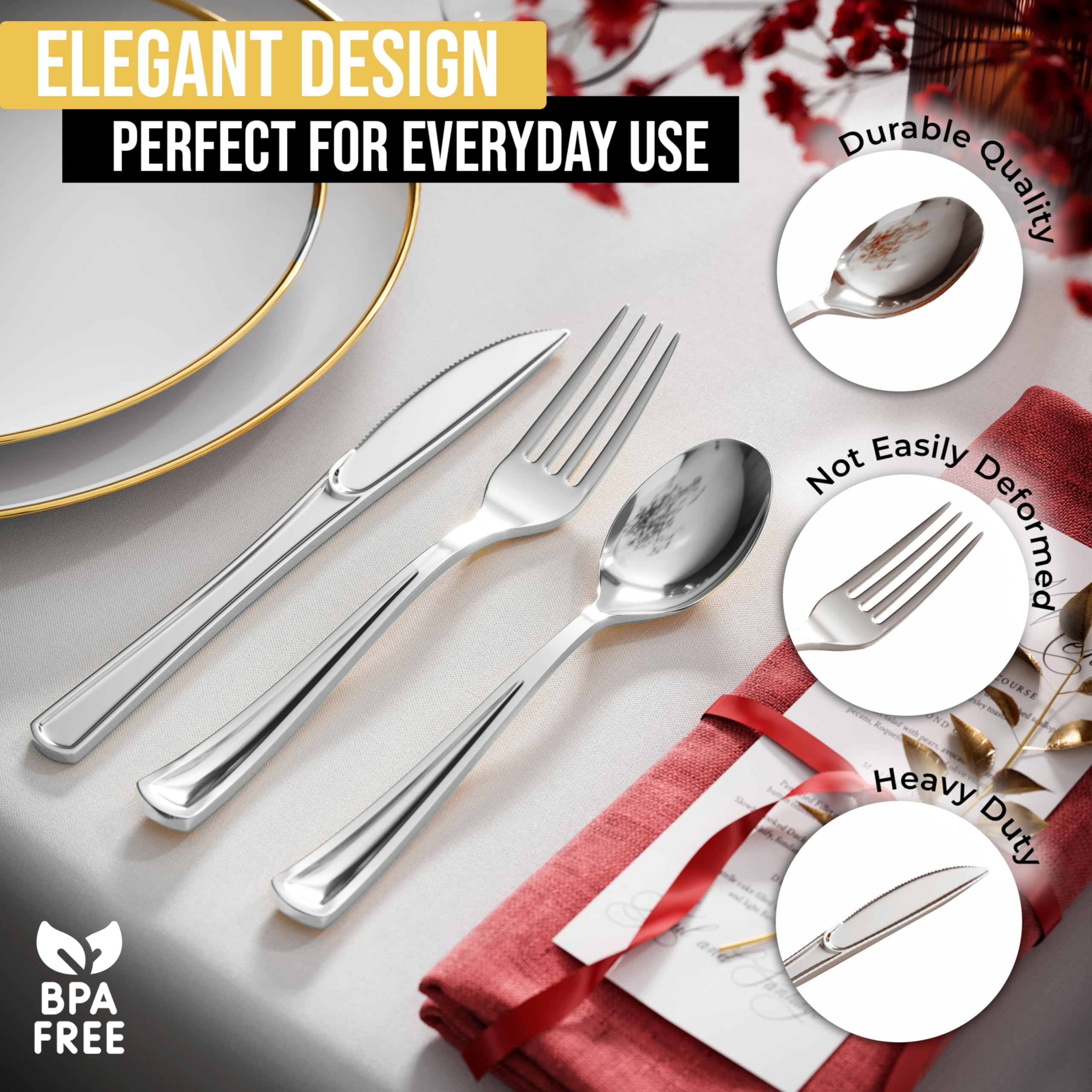 Exquisite Silver Plastic Silverware Set, 160-Piece photo 4