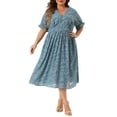 thumbnail image 2 of MODA NOVA Juniors Plus Size V Neck Bubble Short Sleeve Semi Sheer Midi  Dress, 2 of 6