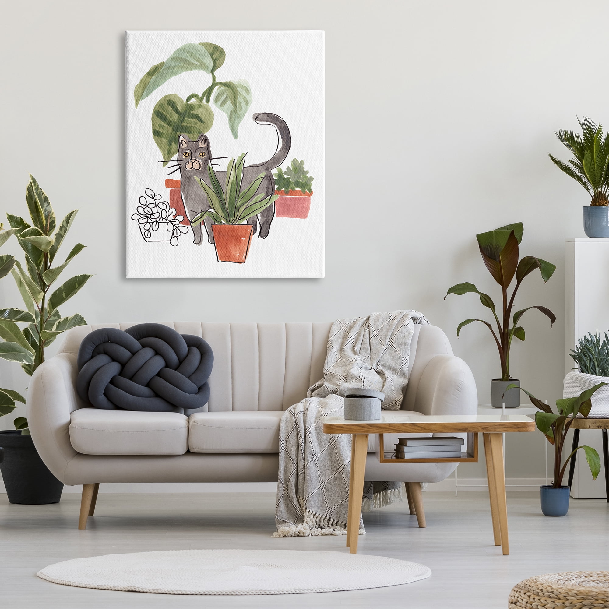 Stupell Industries Grey Cat Pet Terracotta House Plants Tropical Monstera, 36 x 48, Design by June Erica Vess