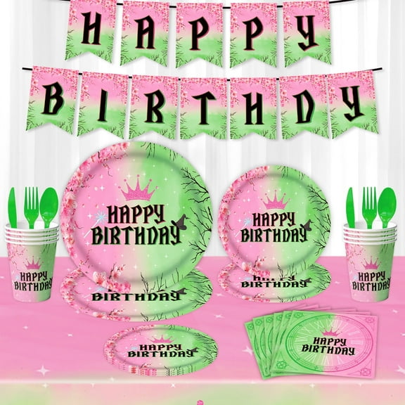 Pink green Birthday Party Supplies, Wizard Party Decorations Set - Wizard Birthday Decoration Banner and Witch Tablecloth Plates Cups Napkins etc