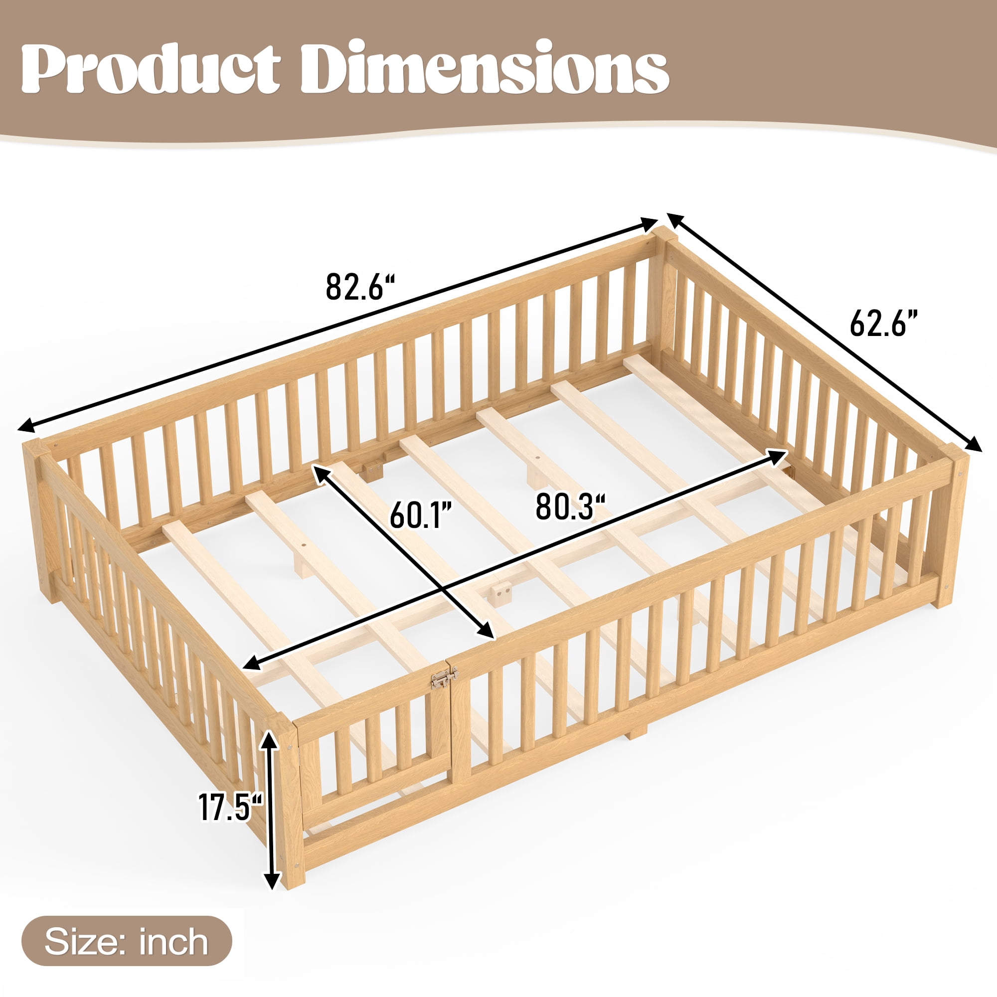 Queen Floor Bed 82.6 Inch, Solid Wood Bed Frame with Safety Guardrails and Door, Low Profile Montessori Bed for Kids Bedroom, Natural