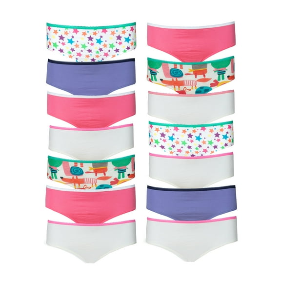 Girl's Elastic Waist Lace Trim 100% Cotton Panties Briefs, 14 Pack Assorted Colors and Styles