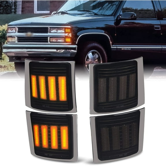 4 Pack LED Front Corner Turn Signal Light for 1994-1998 Chevrolet GMC Chevy C/K 1500 2500 3500 Silverado Suburban Pickup Truck, Amber Led Side Marker Signal Lamps Kit, Smoked Lens