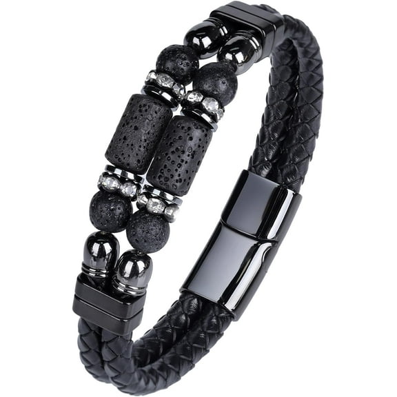Mens Leather Turquoise/Tiger Eye/Obsidian/Lava Stone Bracelet–Braided Multi‑Layer Wristband Cuff Bangle Barcelet–Jewelry Box and Pouch Packing