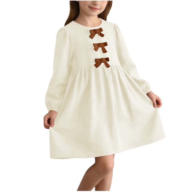 Floleo Robe à Nœud pour Filles, Couleur Unie, Col Rond, Manches Longues, Jupe Mode de Tous les Jours, Coupe Confortable, Activités de Jeu, Robe Décontractée pour Enfants (Beige, 4-5 Ans)