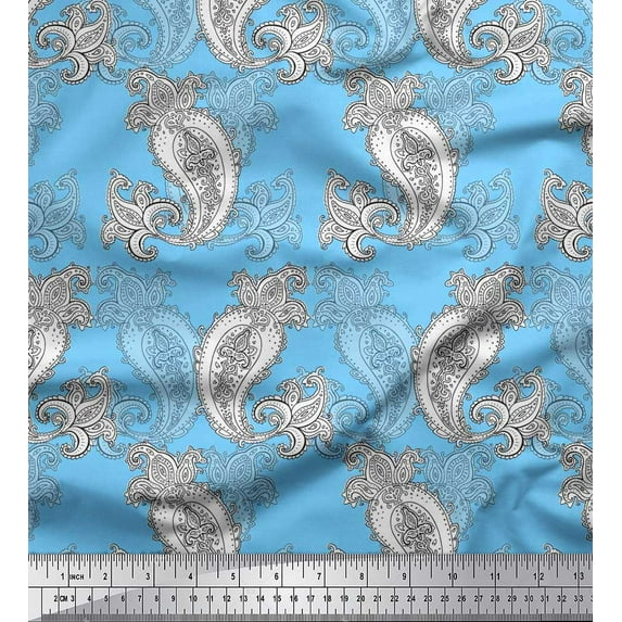 Soimoi Polyester Crepe Fabric Black Sketch Paisley Print Fabric by The Yard 52 Inch Wide