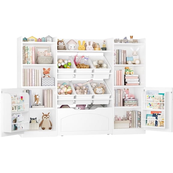 55” Toy Storage Organizer, 5-in-1 Kids Bookshelf with Movable Drawer and Book Shelves Behind The Doors, Toy Organizer Playroom Storage Organizer with 6 Toy Bins and 8 Storage Cubes, White