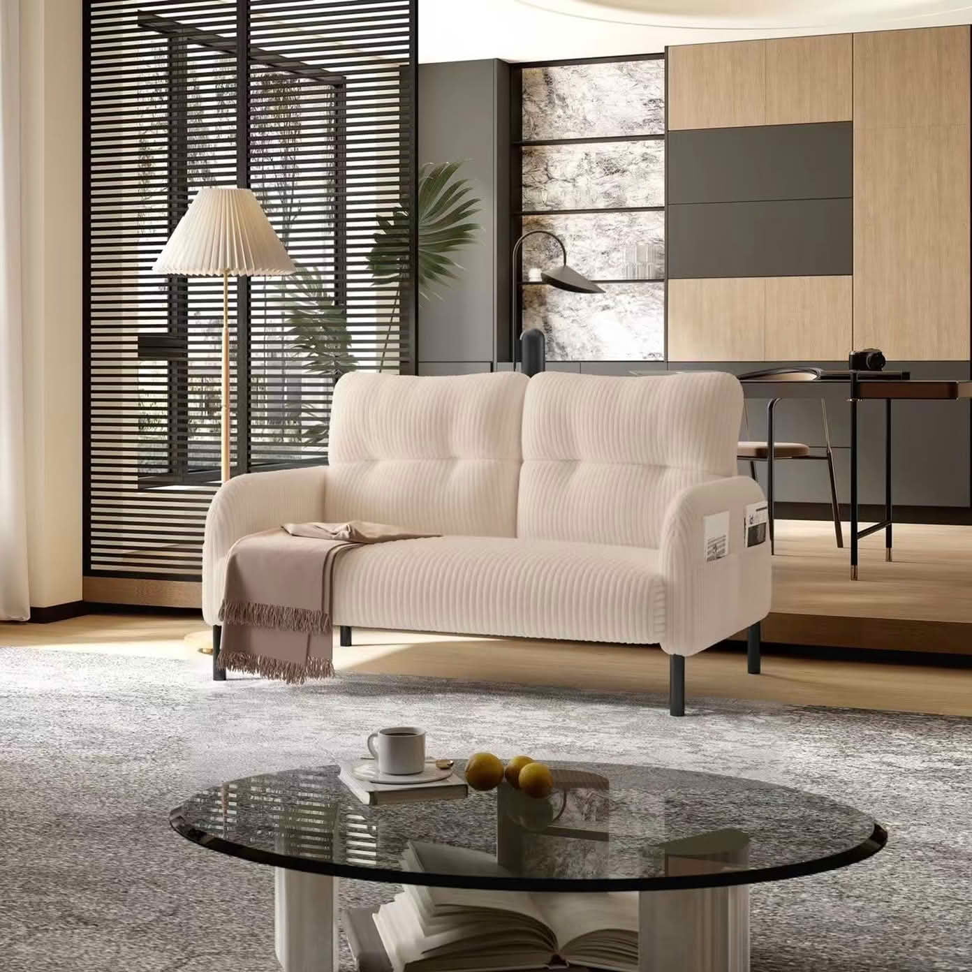 MAYEERTY Corduroy 2-Seater Loveseat, Modern Monochrome Double Sofa with Side Storage Pockets & Sturdy Wood Frame for Home Office