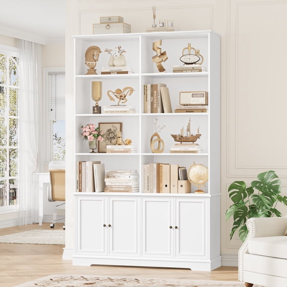 Homfa 73'' Tall Bookcase, 6-Tier 8 Cubes Display Bookshelf, 4 Doors Double Row Bookcase for Living Room Home Office, White