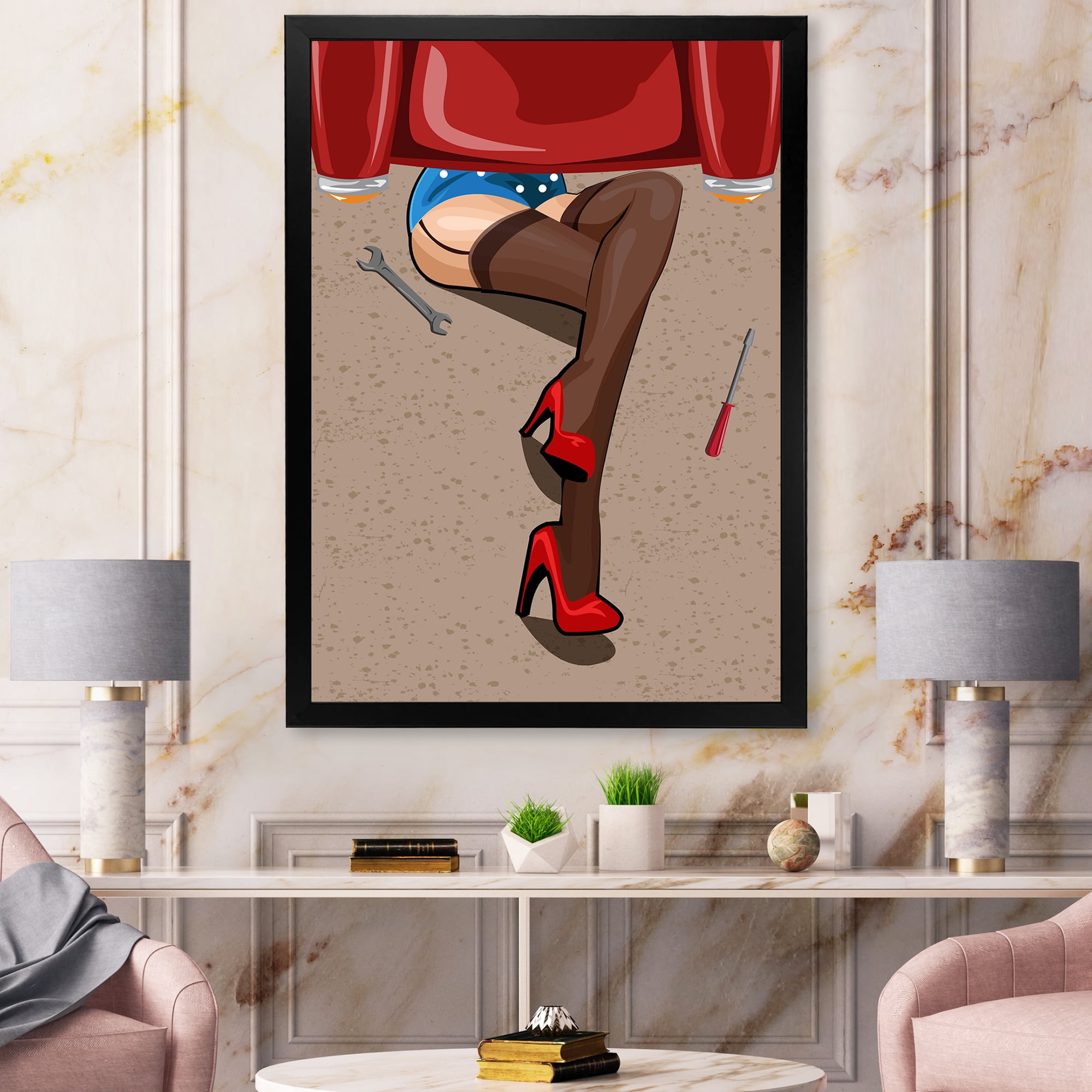 Retro Sexy Girl Repairing The Car 12 in x 20 in Framed Painting Canvas Art Print, by Designart
