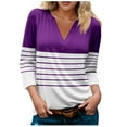 thumbnail image 2 of hxobax Womens Striped 3/4 Sleeve Shirts Henley V Neck Tunic Tops Fall Colorblock Tee Shirt Blouses, 2 of 5