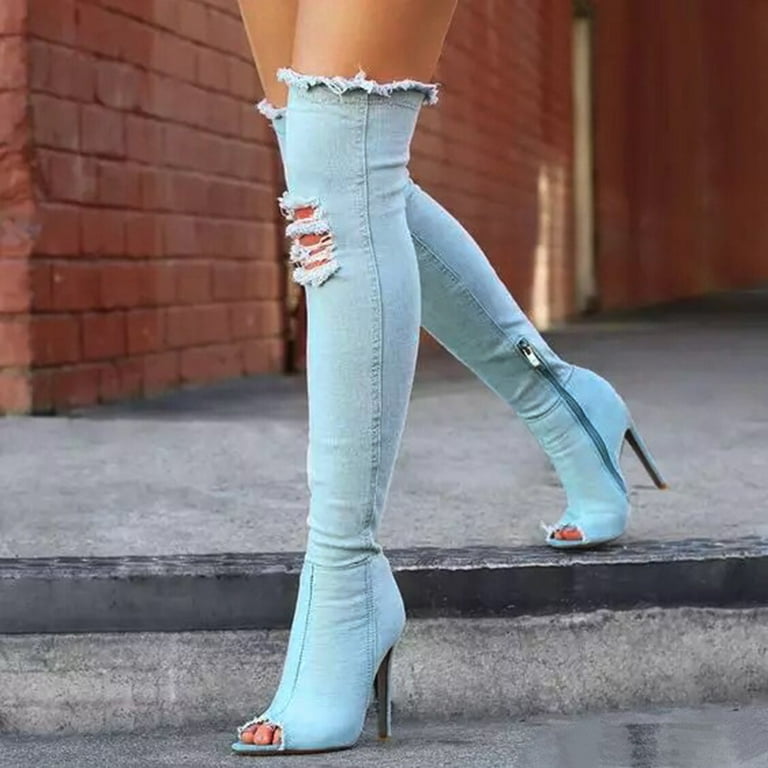GHSOHS Over the Knee Boots for Women Retro Fashion Jeans Thigh High Boots High Heel Open Toe Pull on Long Boots Street Party Shoes 38 Walmart