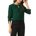 thumbnail image 4 of CURVOSPORT Camisa Elegante para Mujeres Top de Oficina con Abertura Clave Plisado Frontal Fruncido de Manga 3/4 Blusa de Chifón S Verde Oscuro, 4 of 6