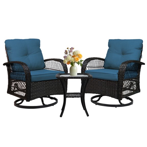 SHGJ&SOFT 3 Piece Patio Furniture Set, 2 Outdoor Swivel Rocking Chairs with Side Table, Wicker Glider Chairs, All-Weather Rattan Bistro Set for Porch, Deck, Pool