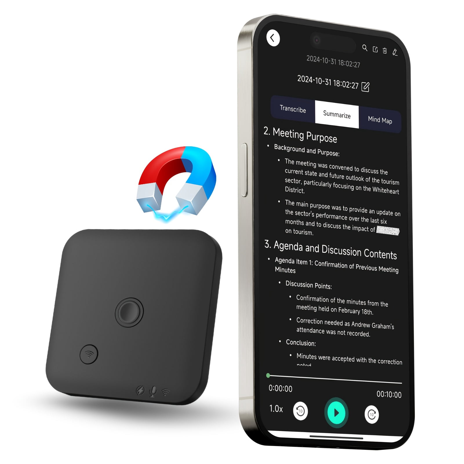 AI Voice Recorder with APP for Voice-to-Text Transcription, Translation, GPT-4o Summary, Mind Mapping, 64GB Storage, And A Magnetic Design, for Calls, Lectures, And Meetings, By FoCase Rec