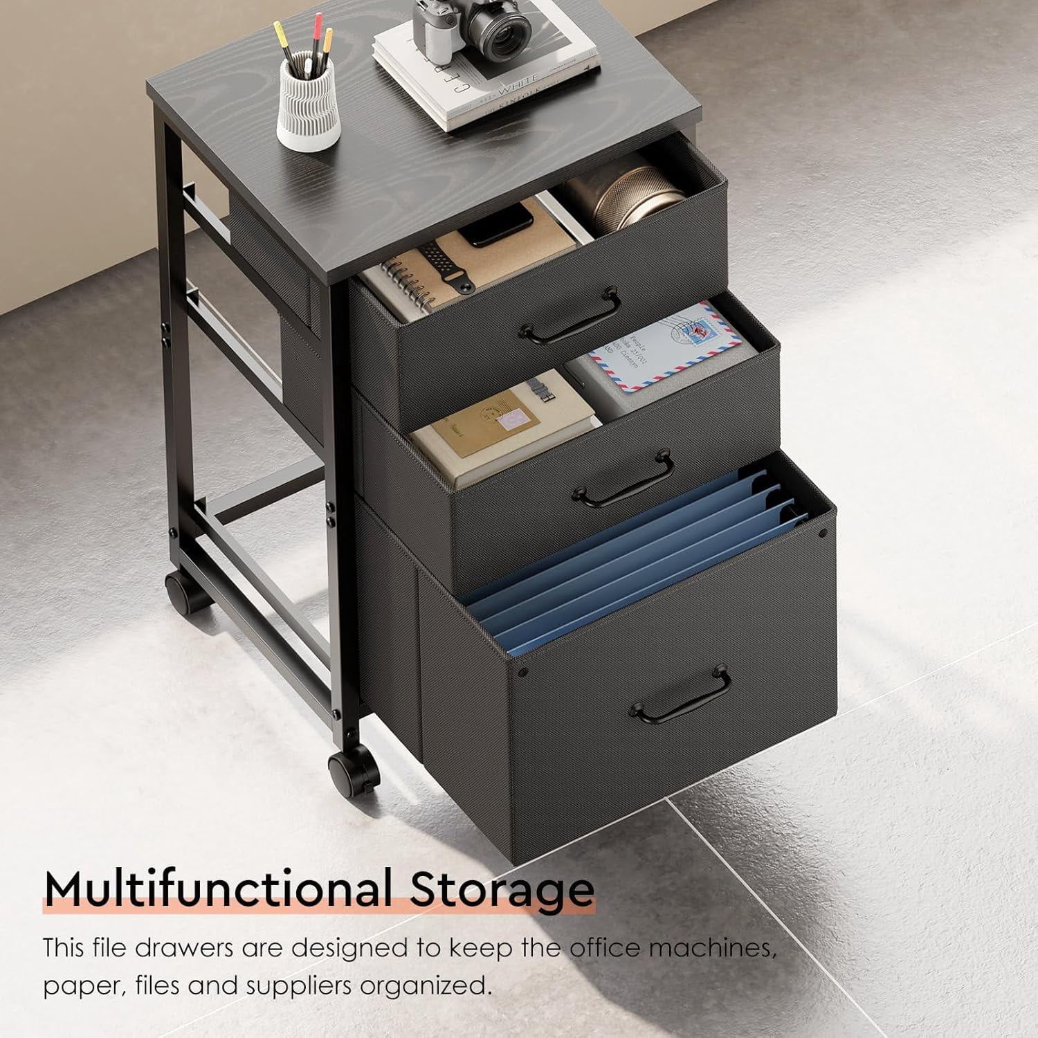 3 Drawer Mobile File Cabinet with Wheels Fabric Vertical Filing Cabinet fits A4 or Letter Size for Home Office,Black