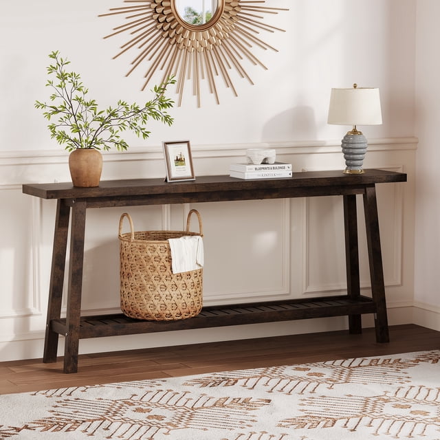 Kojooin 71 Inch Wood Entryway Table with Storage, Farmhouse 2-Tier Narrow Console Table for Hallway