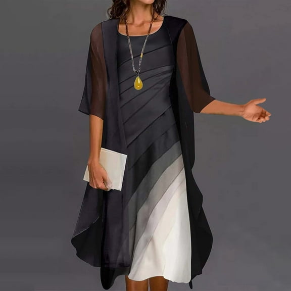 Summer Saving Wycnly Womens Dresses Plus Size Fashion 2 Pieces Tank Dresses with Cardigan Fashion Color Patchwork Round Neck Elbow-Length Long Summer Dress Black m