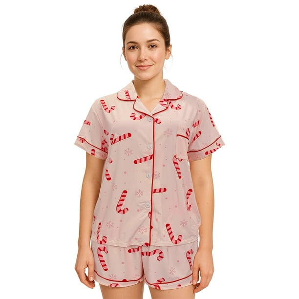 HITIME Pijama Navideña para Mujer de Seda de Leche Talla 2XL, Conjunto de Short y Playera, Tela Ultra Suave y Transpirable, Comodidad de Lujo para Dormir o Lounge