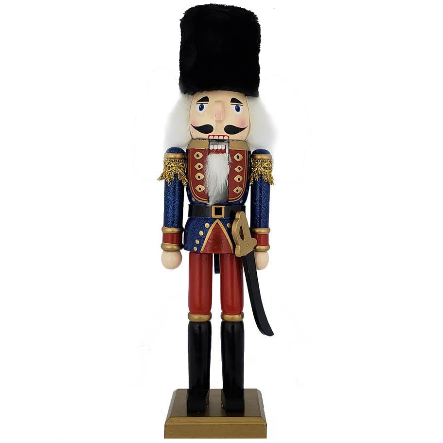 Traditional Soldier Nutcracker Blue Red and Black Fur Hat (15 inch
