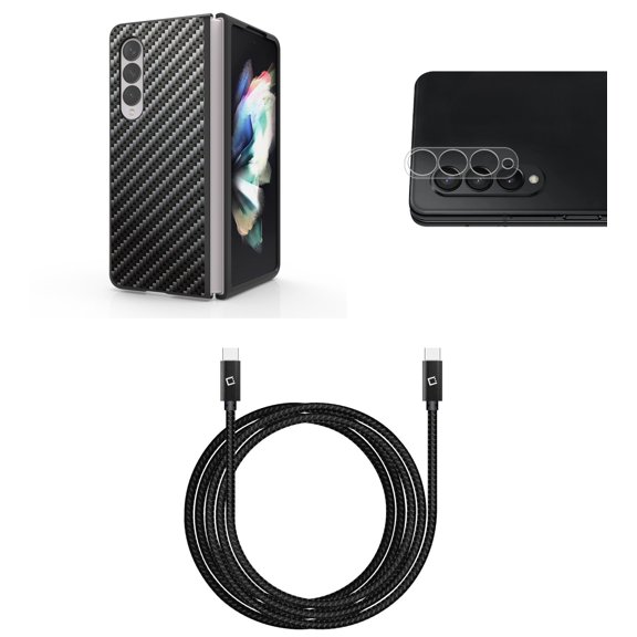 Accessory Bundle for Galaxy Z Fold 4: Slim Snap-On Case (Carbon Fiber), Rear Camera Glass Protector, Nylon Braided USB-C to USB-C Cable (4 Feet)