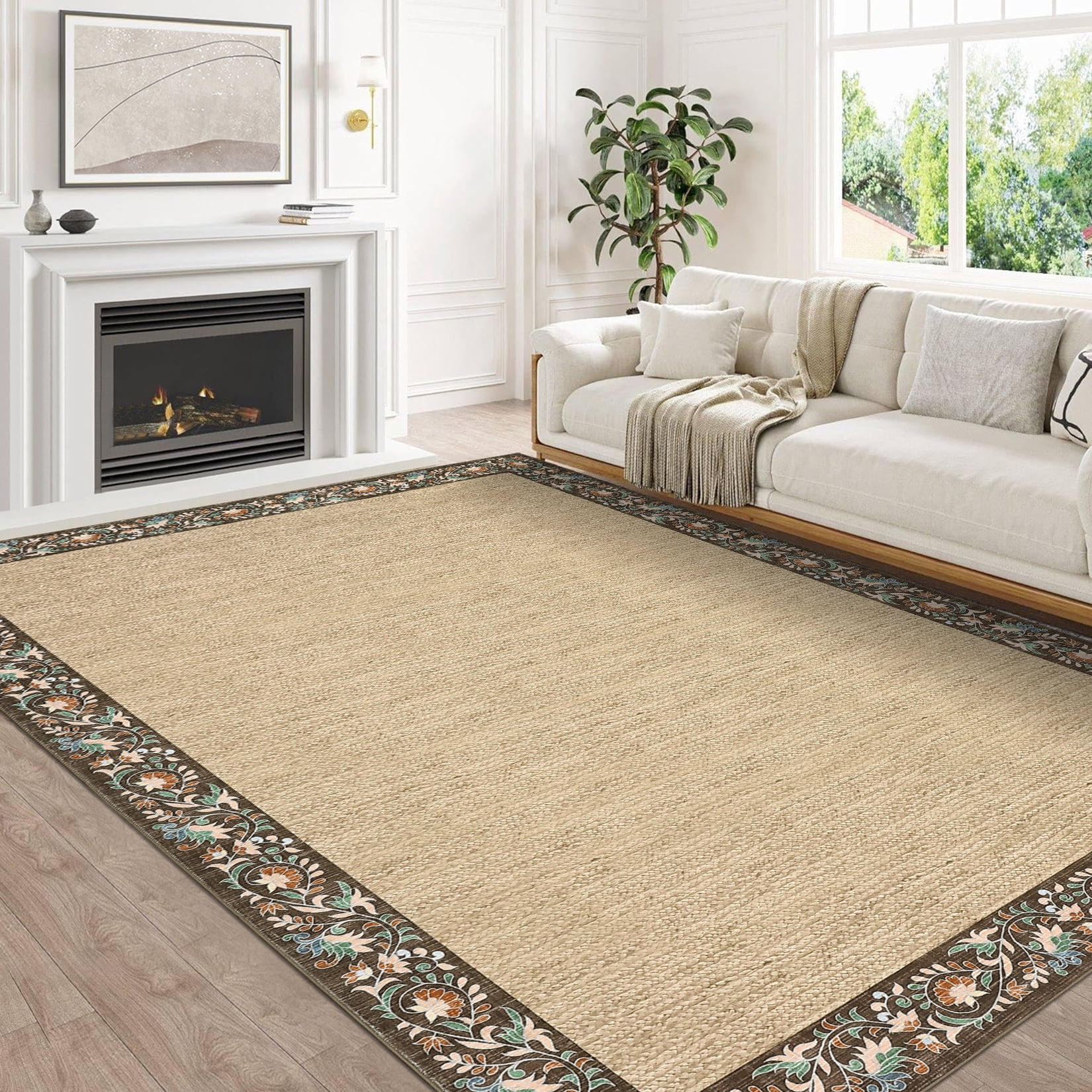 Hasoo 6' x 9' Area Rug for Living Room Washable Modern Simulated Woven Texture Floral Bordered Non Shedding Neutral Indoor Decor Carpet, Brown