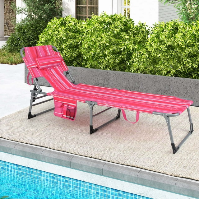 Costway Chaise Longue de Plage Extérieure Pliante avec Oreiller à Rayures Roses