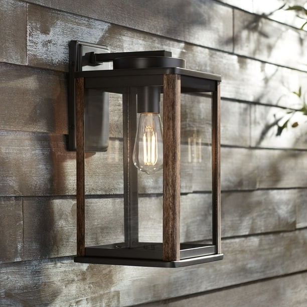 John Timberland Modern Farmhouse Outdoor Wall Light Fixture Dark Bronze Wood Grain 14 1 4 Clear Glass Panels Exterior House Porch Com John Timberland Modern Farmhouse, Modern Farmhouse Outdoor Light Fixtures