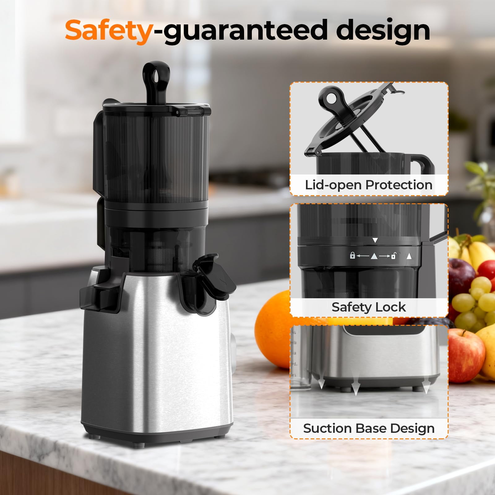 Auseo Cold Press Juicer, 5.4'' Wide Feed Chute Juicer Machines, Slow Masticating Juicer for Whole Vegetables & Fruits, High Juice Yield, Easy to Clean, 3 Function Modes with Rev