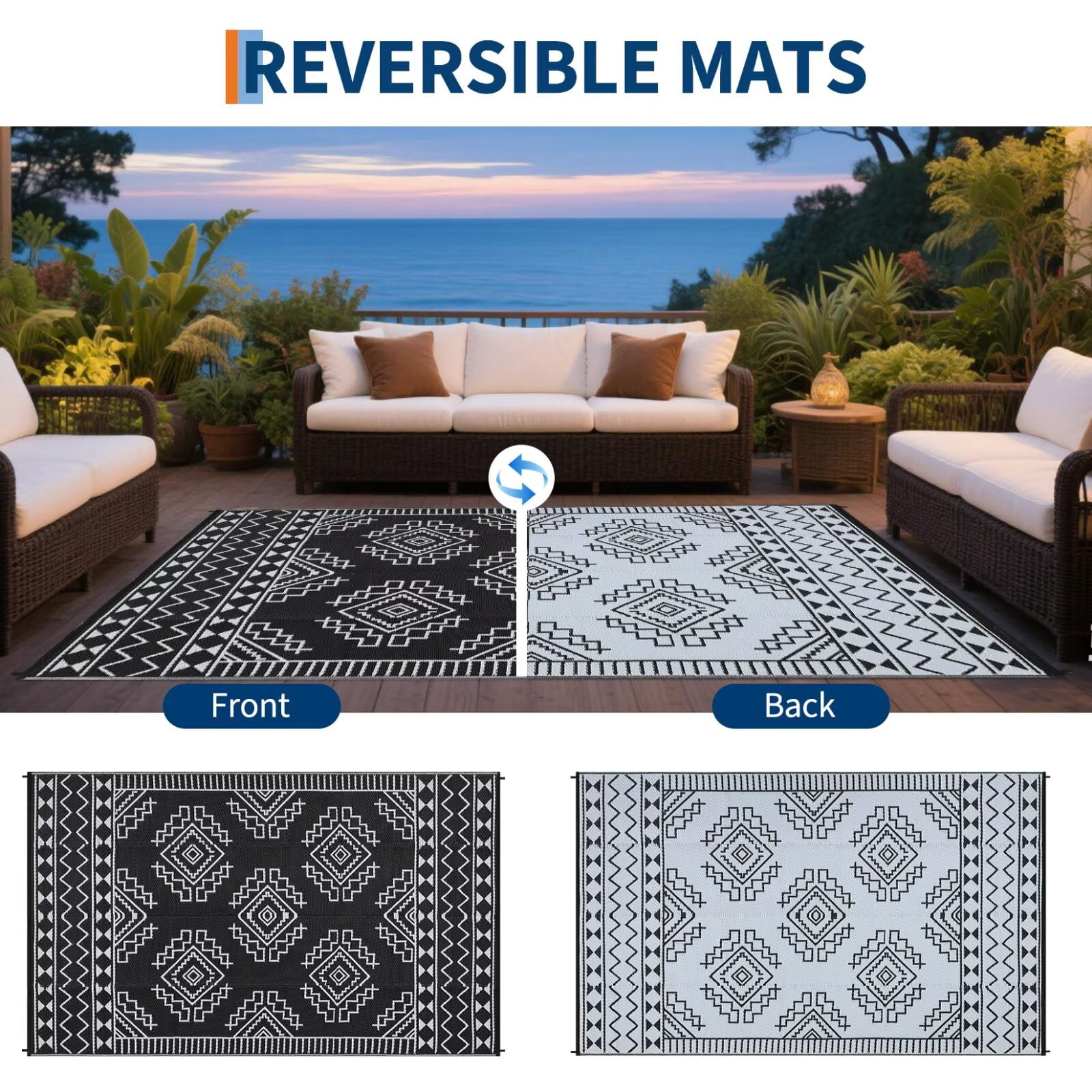 GlowSol 9'x12' Outdoor Rug Boho Geometric Plastic Straw Rug Waterproof Reversible Mat Outdoor Foldable Rug for Camping Patio Picnic, Black White