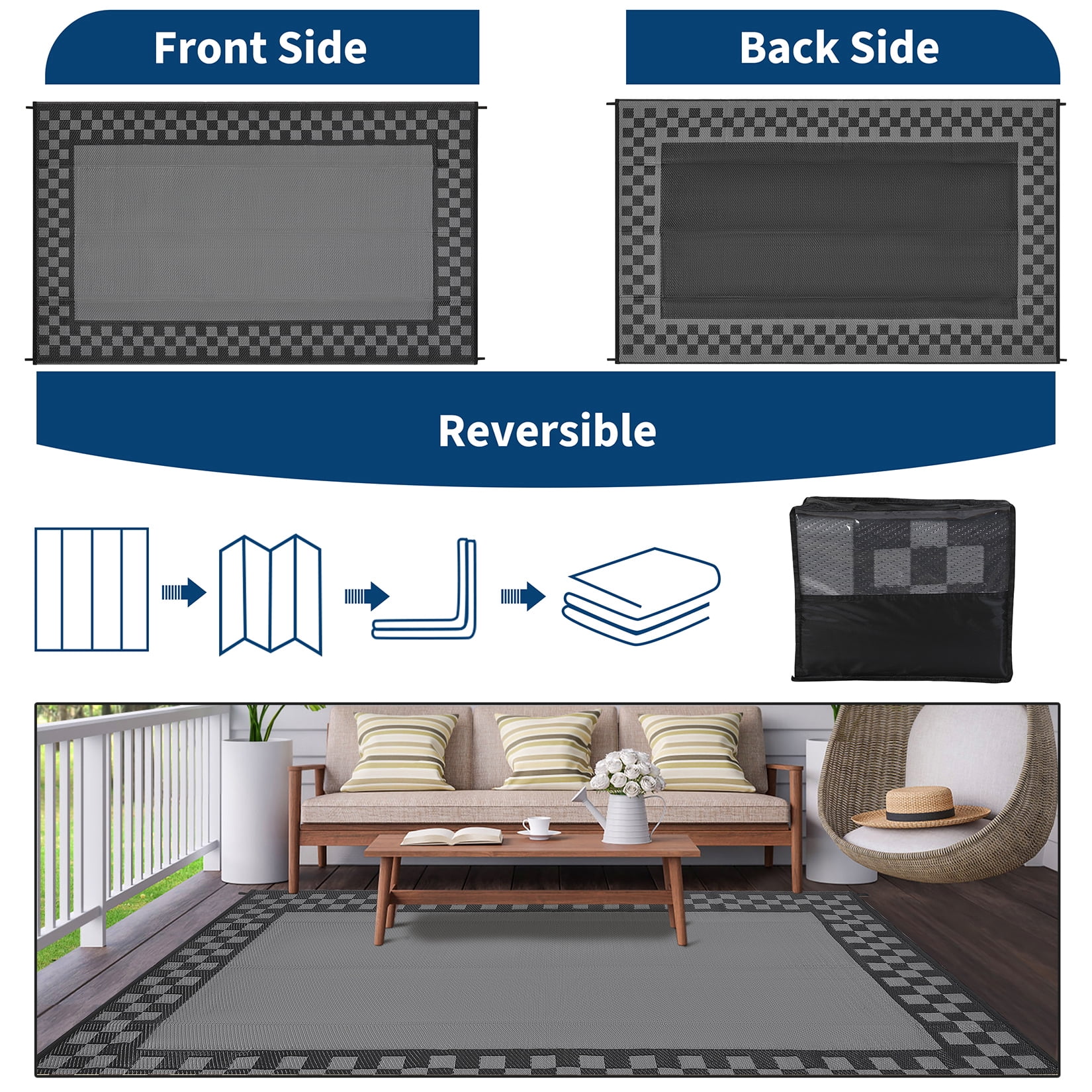HIWEAVER 9' x 12' Black/Gray Outdoor Rug PP Plastic Straw Woven Waterproof Patio Rug with Border Portable Outside Carpet for Balcony Deck Picnic Garden Decor