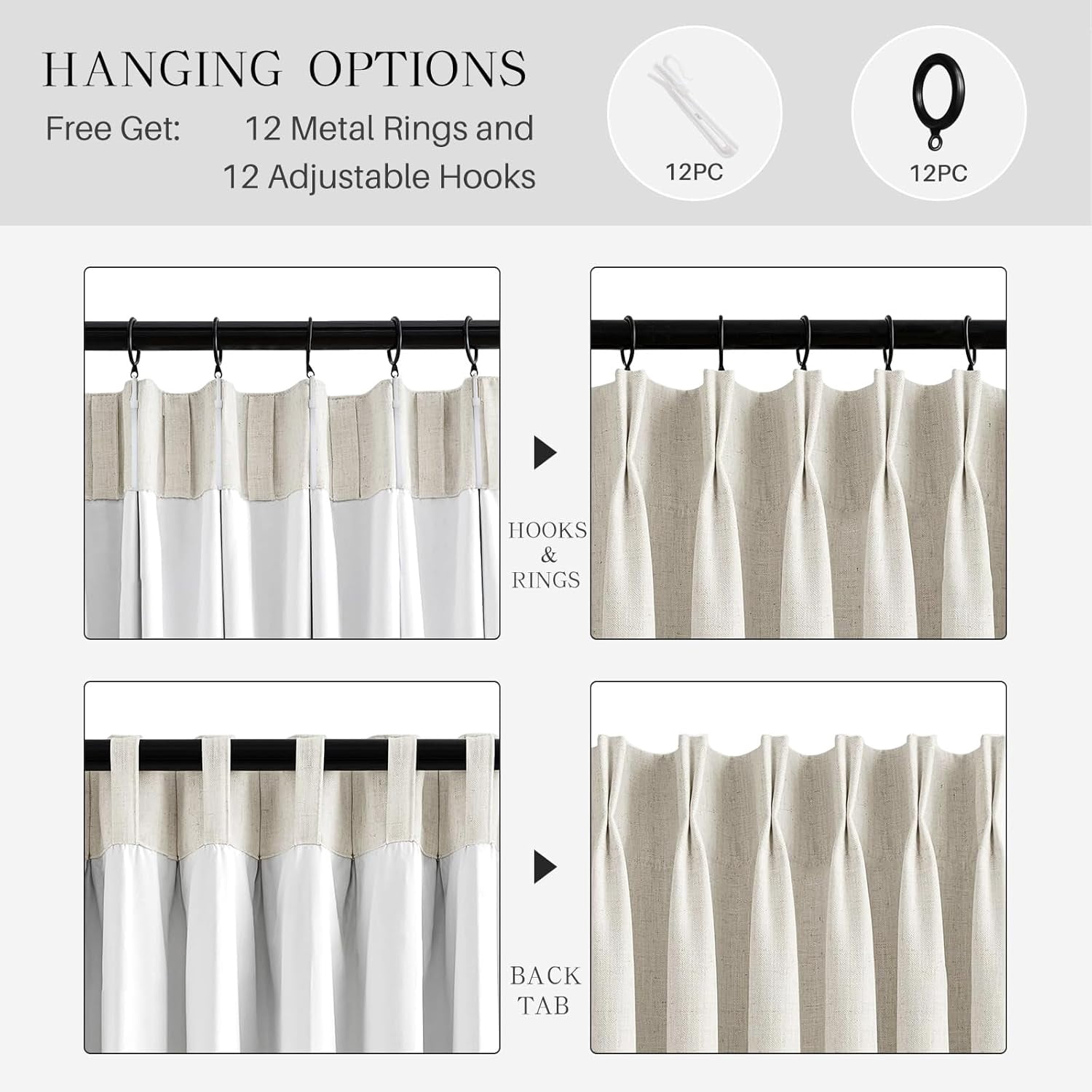 Nalqet Pinch Pleated Linen Curtains 100% Blackout 90 Inches Long for Living Room Bedroom, Thermal Insulated Room Darkening Window Drapes with Rings Hooks, 2 Panels, Natural, 40"Wx90"L