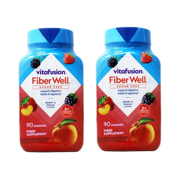 Vitafusion Fiber Well Sugar Free Fiber Supplement Gummies, Berry & Peach Flavors, 90 Count - 2 Pack