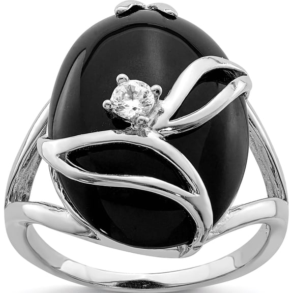 Sterling Silver Onyx & Cz Ring (Size 6) Made In China qr1470-6