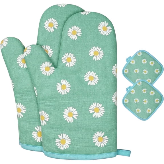 HEETLY Daisy Print Pot Holders and Oven Mitts Set, 4 Piece Cotton Oven Mitts and Potholders, Heat Resistant 392°F, Kitchen Mittens for Cooking Baking Grilling