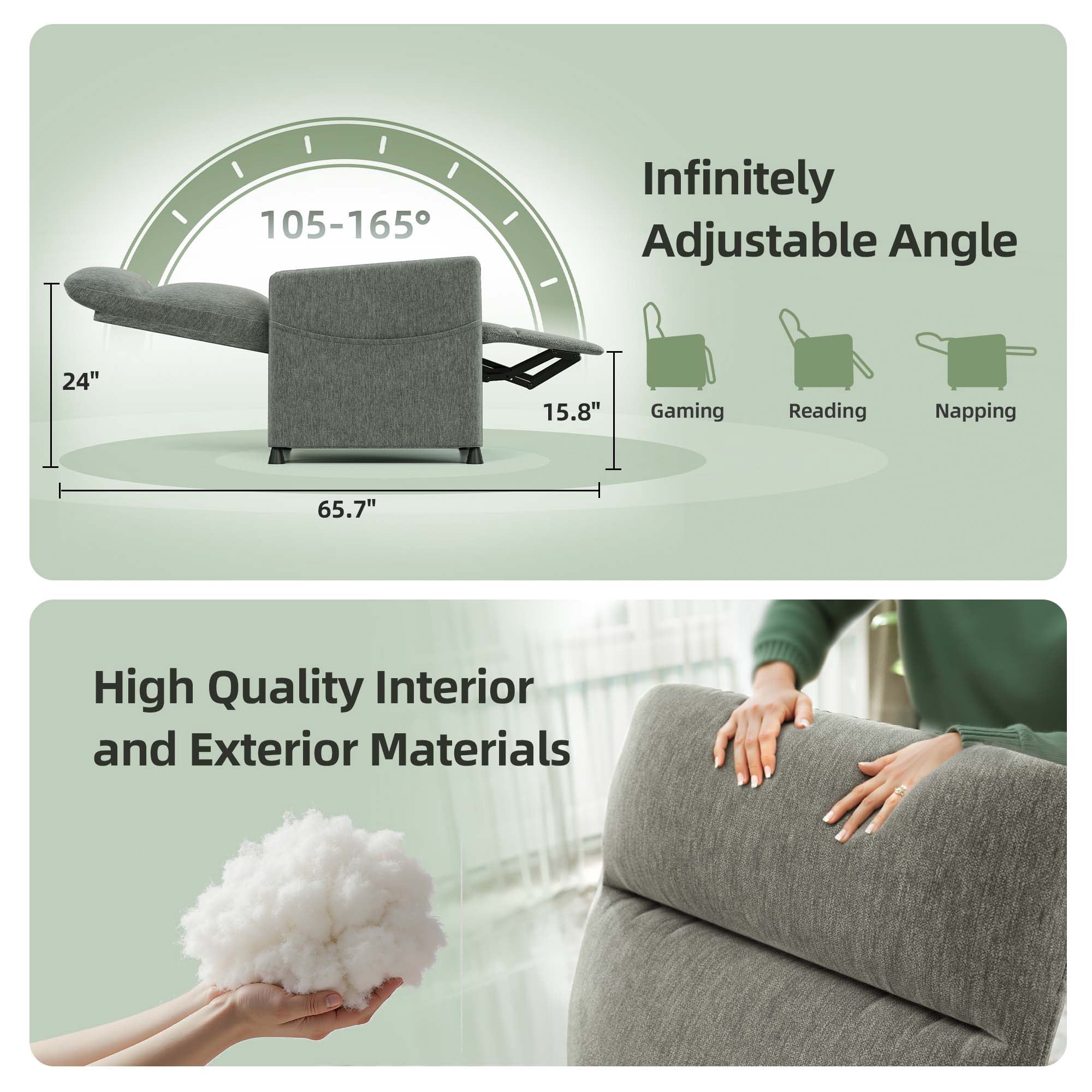 Miniyam Power Recliner Chair for Adults - Modern Fabric Electric Recliner Footrest, Padded Seat - Space-Saving Design for Living Room, Home Theater - Light Grey