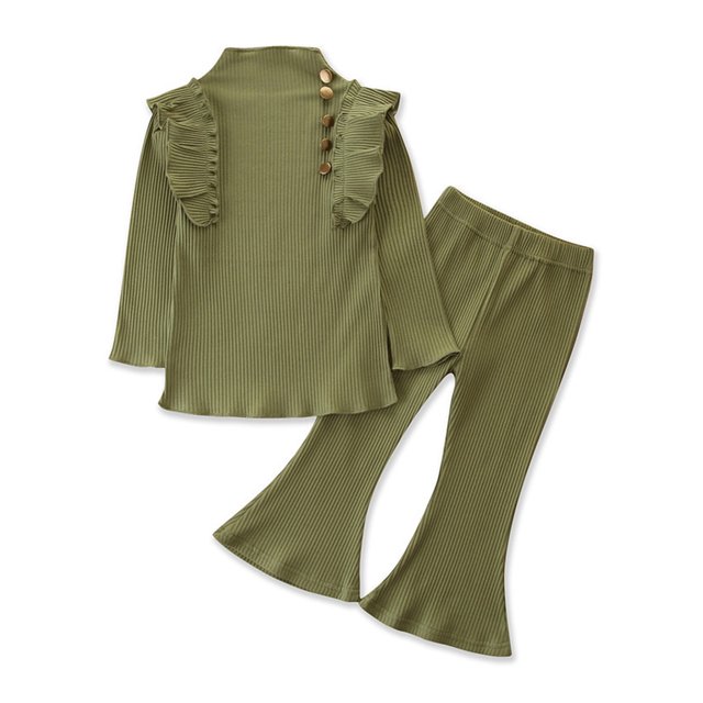 Qudderr Toddler Kids Girls Clothes Ruffle Long-Sleeved Top Flare Pants Spring Fall Outfit 2PCS Set For1-6 Years