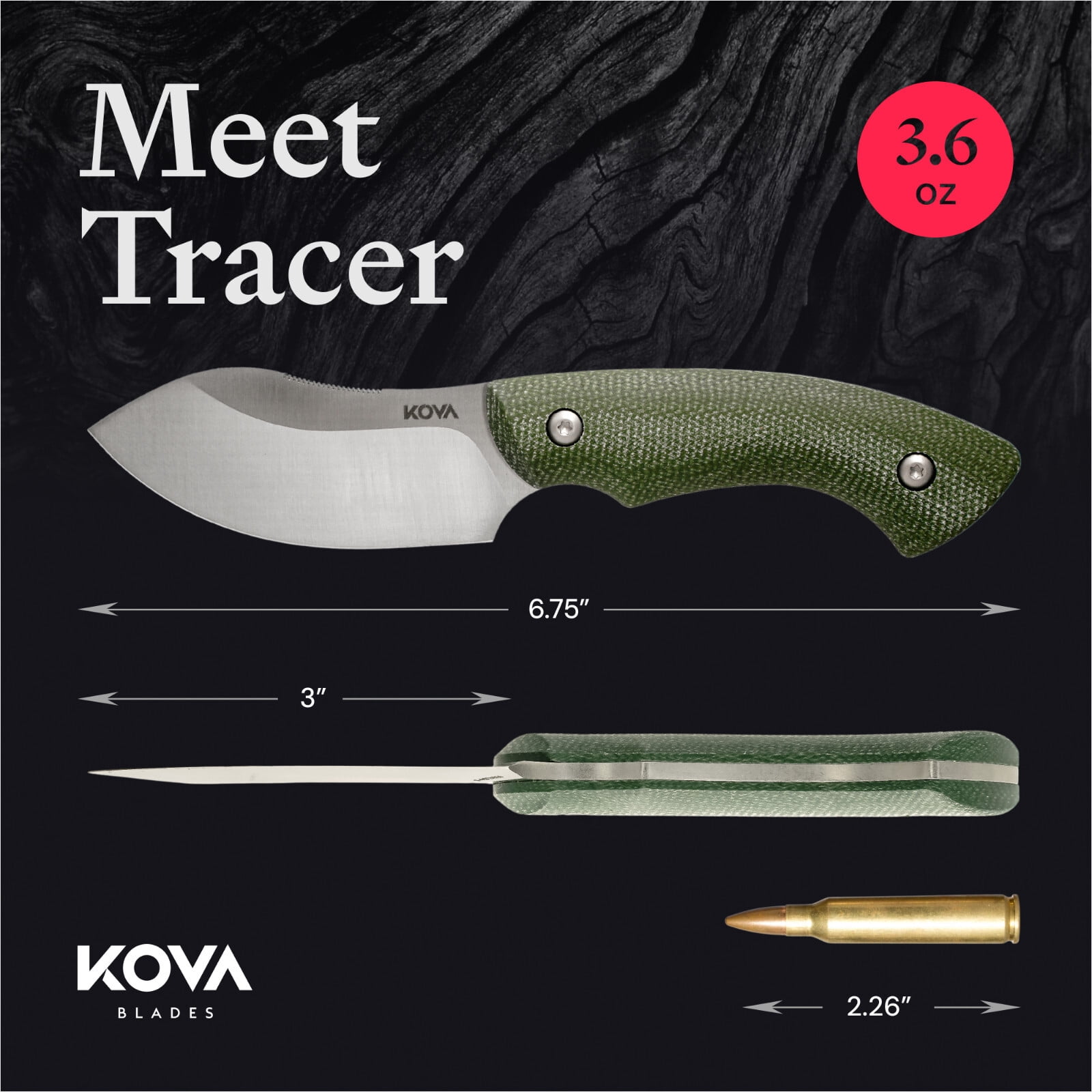 Kova Tracer Fixed-Blade Knife – 3″ Recurve Blade, Full-Tang, G10 Handle, Kydex Sheath – 6.75″ Overall – 3.6 oz
