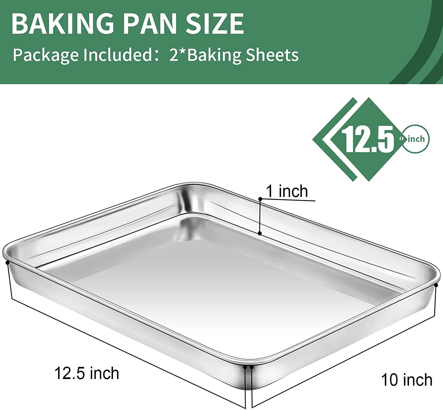 Baking Sheet Set of 2, 12 inch Commercial Grade Stainless Steel Baking Pan, Professional Bakeware Oven Tray, Healthy & Non-toxic, Rust Free & Mirror Finish, Easy Clean & Dishwasher Safe