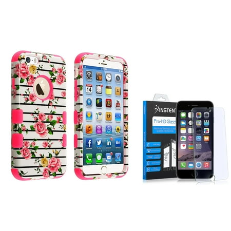- Insten Pink Flower Floral Fashion Design Hard Case Cover For iPhone 6S 6 (with Shatter-Proof Glass Screen Protector)