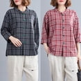 thumbnail image 3 of Camisa a cuadros de mujer Vintage Slit Button Down Stand Collar Plus Size Blusa informal suelta T Romacci Camisa de las mujeres, 3 of 7