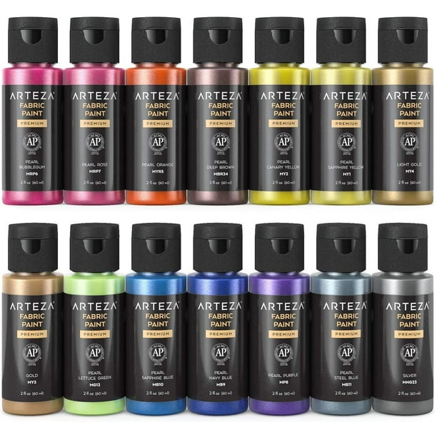 ARTEZA Fabric Paint, Metallic, 60ml Bottles Set of 14