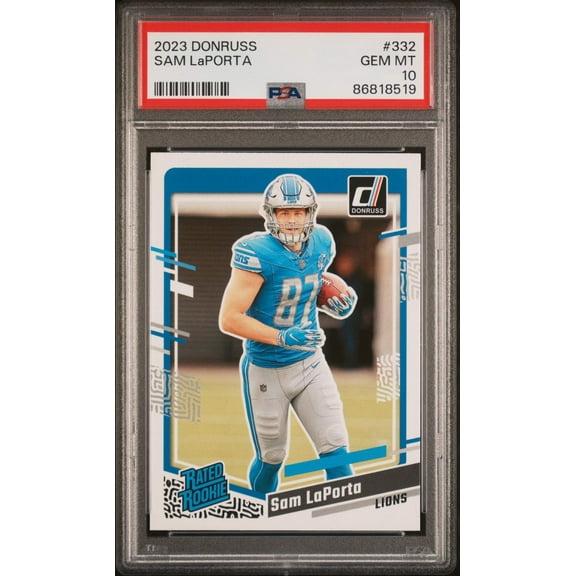 Graded 2023 Panini Donruss Sam LaPorta #332 Rookie RC Football Card PSA 10 Gem Mint