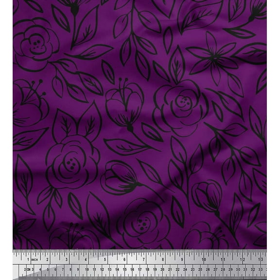 Soimoi Purple Cotton Duck Fabric Leaves & Rose Floral Printed Craft Fabric by the Yard 42 Inch Wide